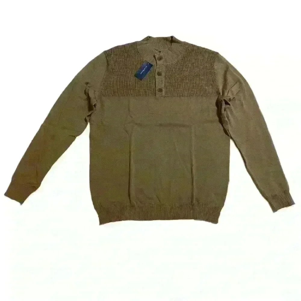 Club Room Mock Neck 3-Button 100% Cotton Pullover Mens Sweater Size L Walnut